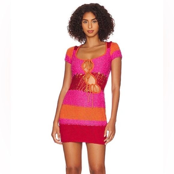 Danielle Guizio Red, Orange and Pink Knit Crochet Mini Dress - Picture 4 of 7